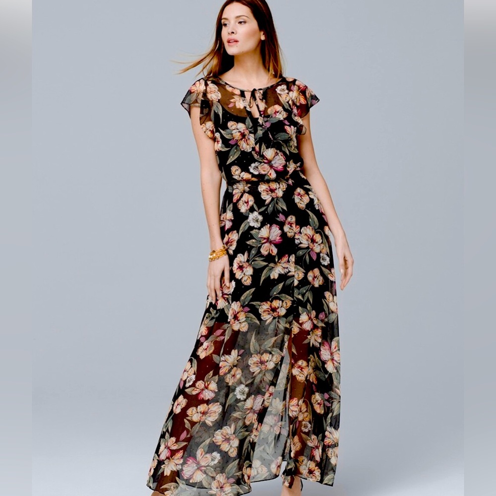 WHBM Flutter-Sleeve Floral-Print Woven Maxi Dress XXS make me an offer